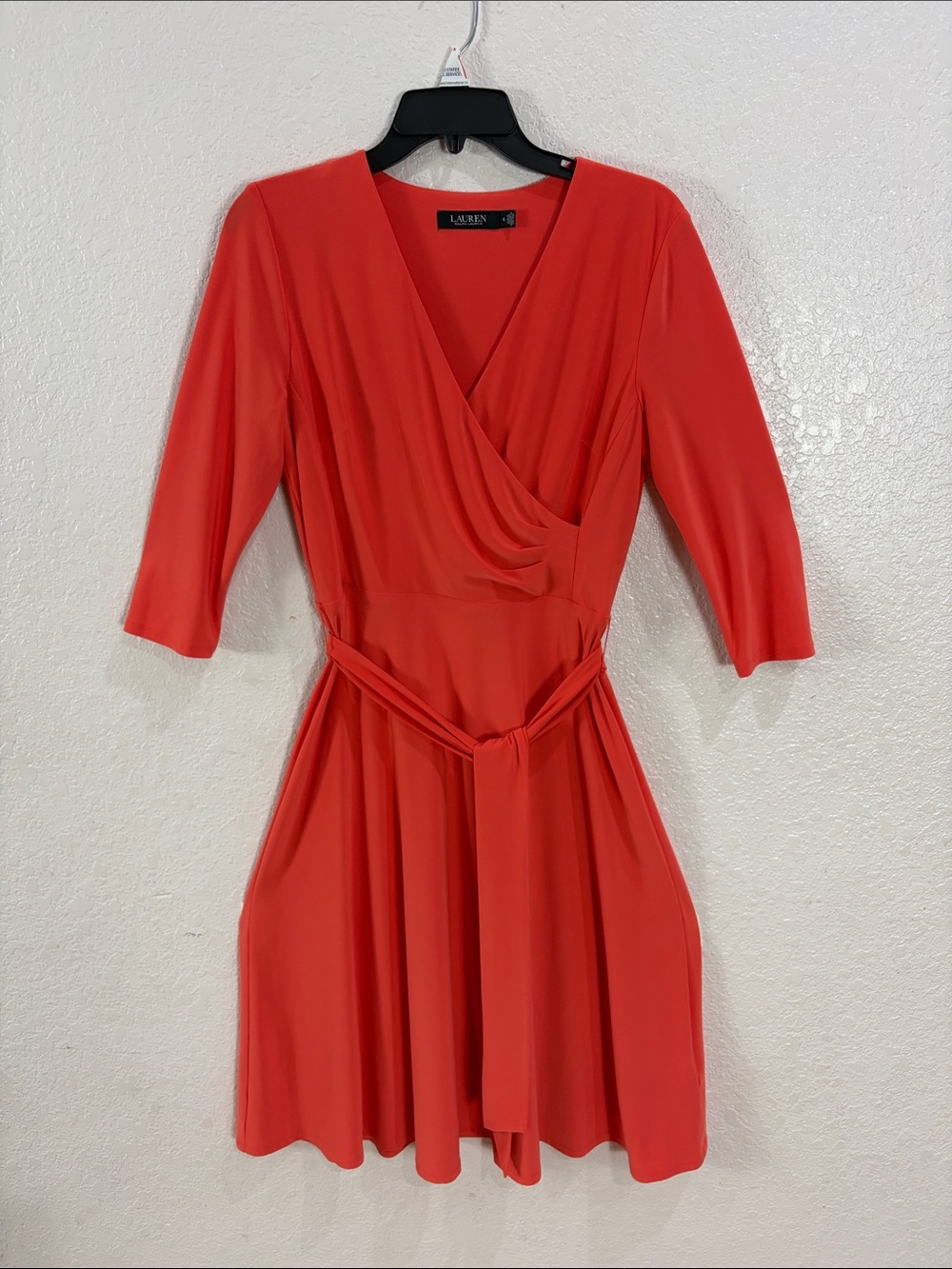 Lauren Ralph Lauren Coral-Red Wrap Dress with Tie Waist